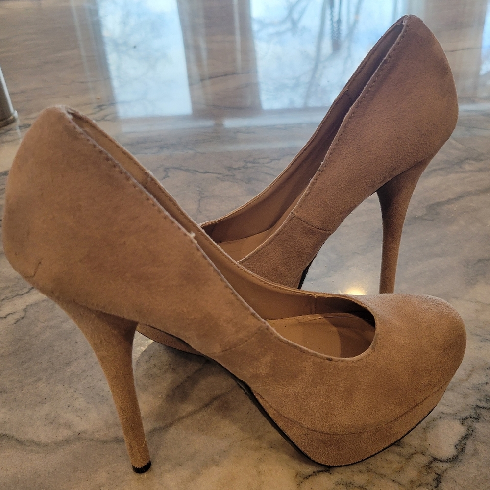 Tan, suede heels